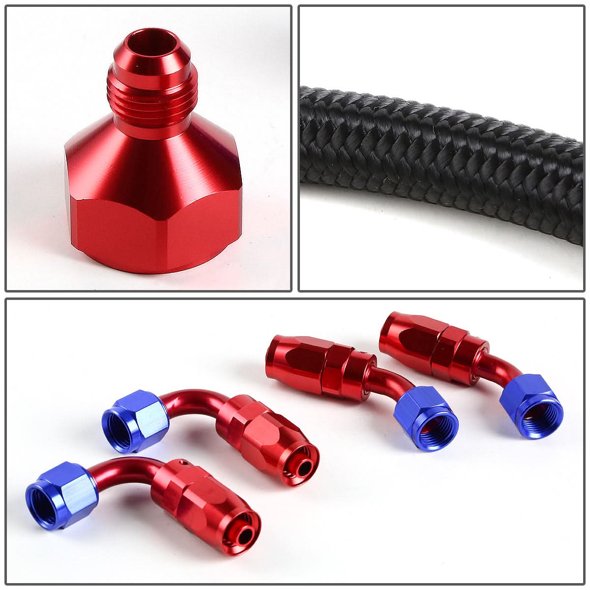 Universal Fuel Tank Fittings with Braided Stainless Steel Feed Return Line 10AN to AN6 - Black Nylon Stainless Steel