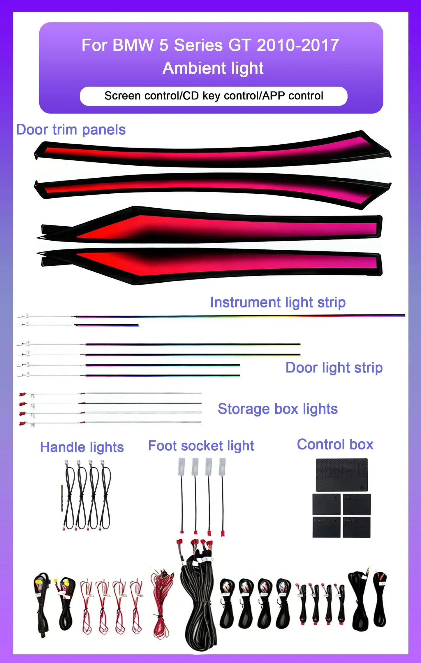 BMW 5 Series GT F07 Interior 64-Color Dynamic Symphony LED Ambient Light Kit 2010 - 2017 (Replaces 63319163715)