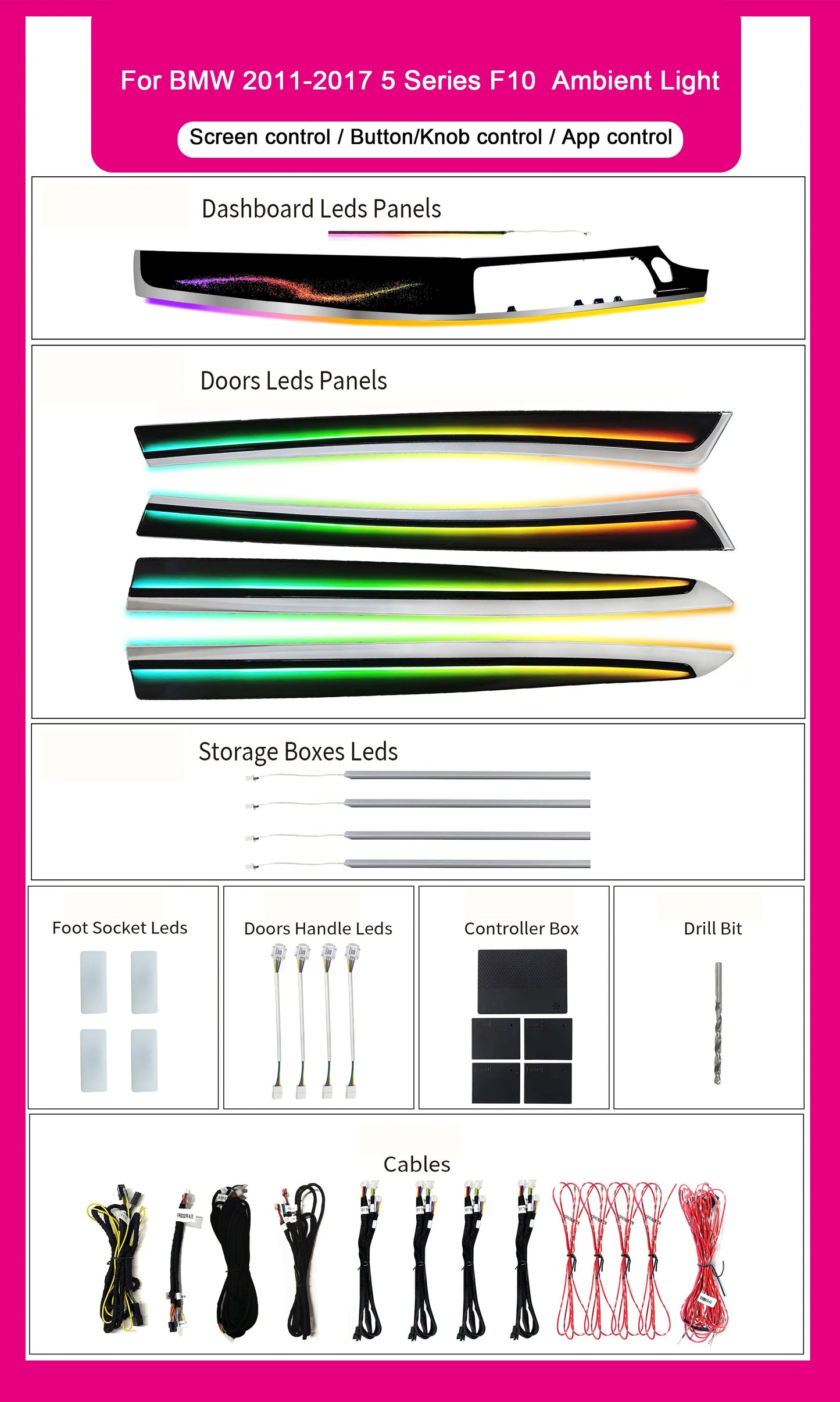 BMW 5 Series F10 / F11 / F18 RHD Interior 64-Color Dynamic Symphony LED Ambient Light Kit 2010 - 2018