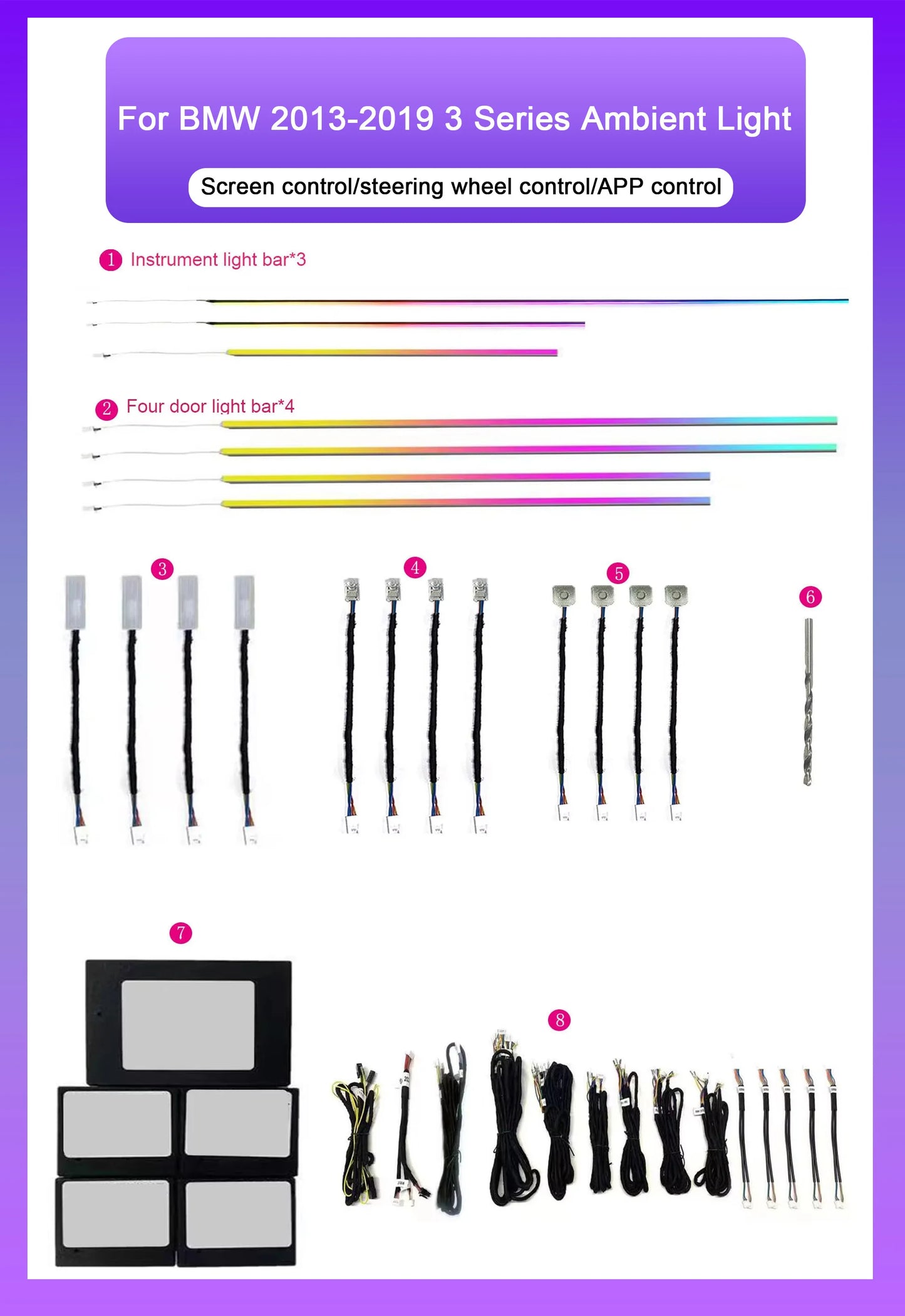 BMW 3 Series F30 / F31 / F35 Interior 64-Color Symphony LED Ambient Light Kit 2013 - 2019