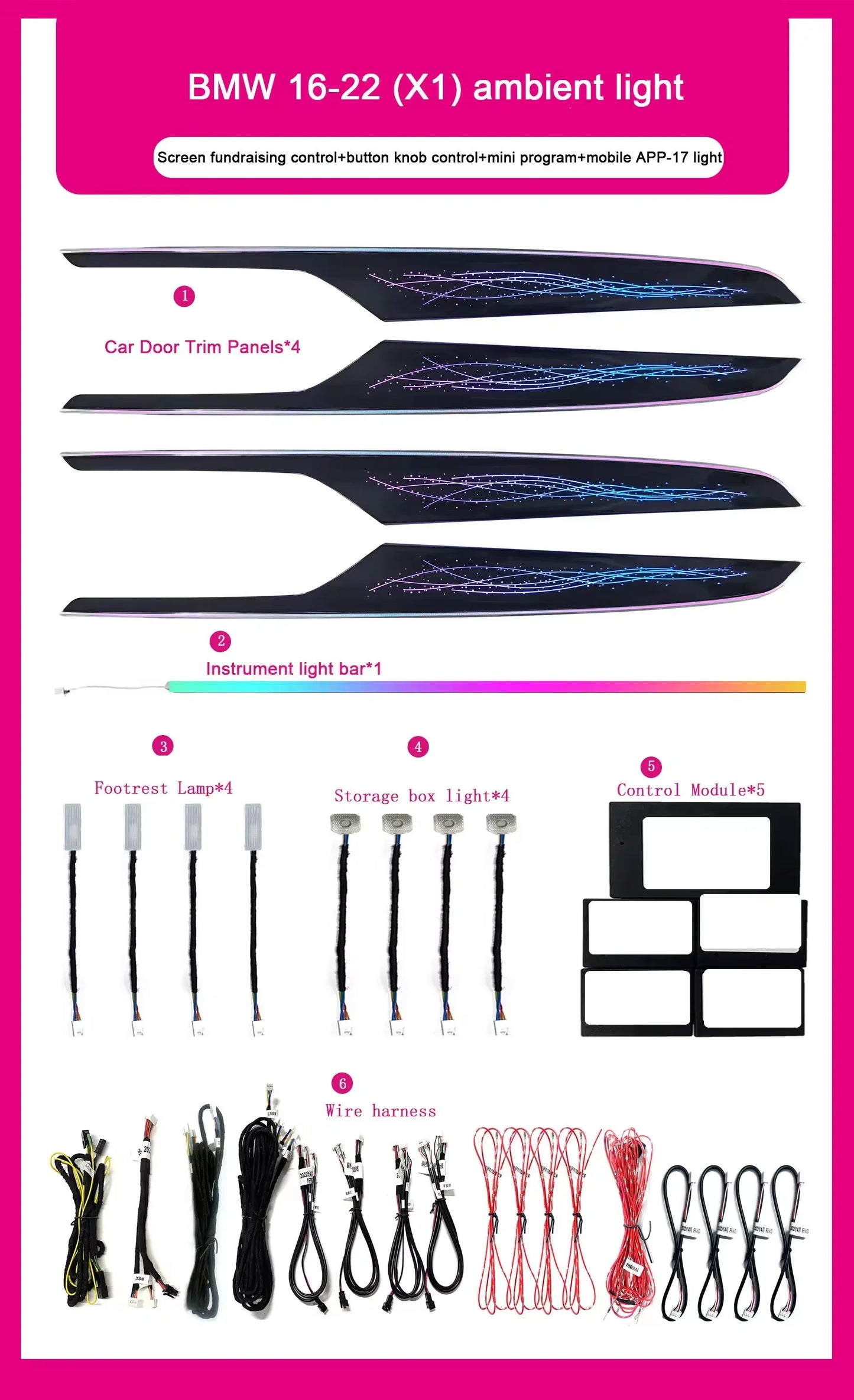 BMW X1 F48 / X2 F49 Interior 64-Color Symphony Starry Sky LED Ambient Light Ribbon Kit 2016 - 2022