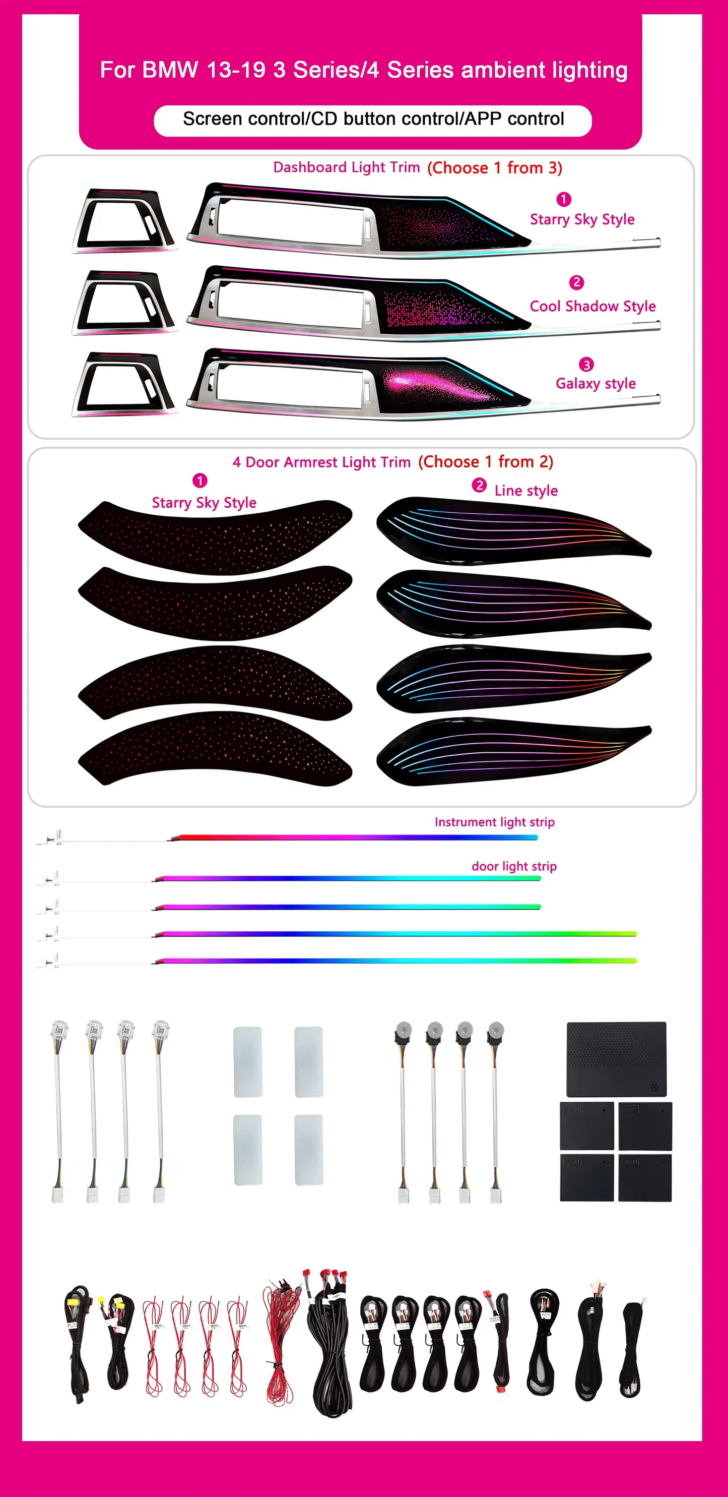 BMW 3 Series F30 / F31 / F34 / F35 / F36 Interior 64-Color LED Ambient Light Kit 2013 - 2019