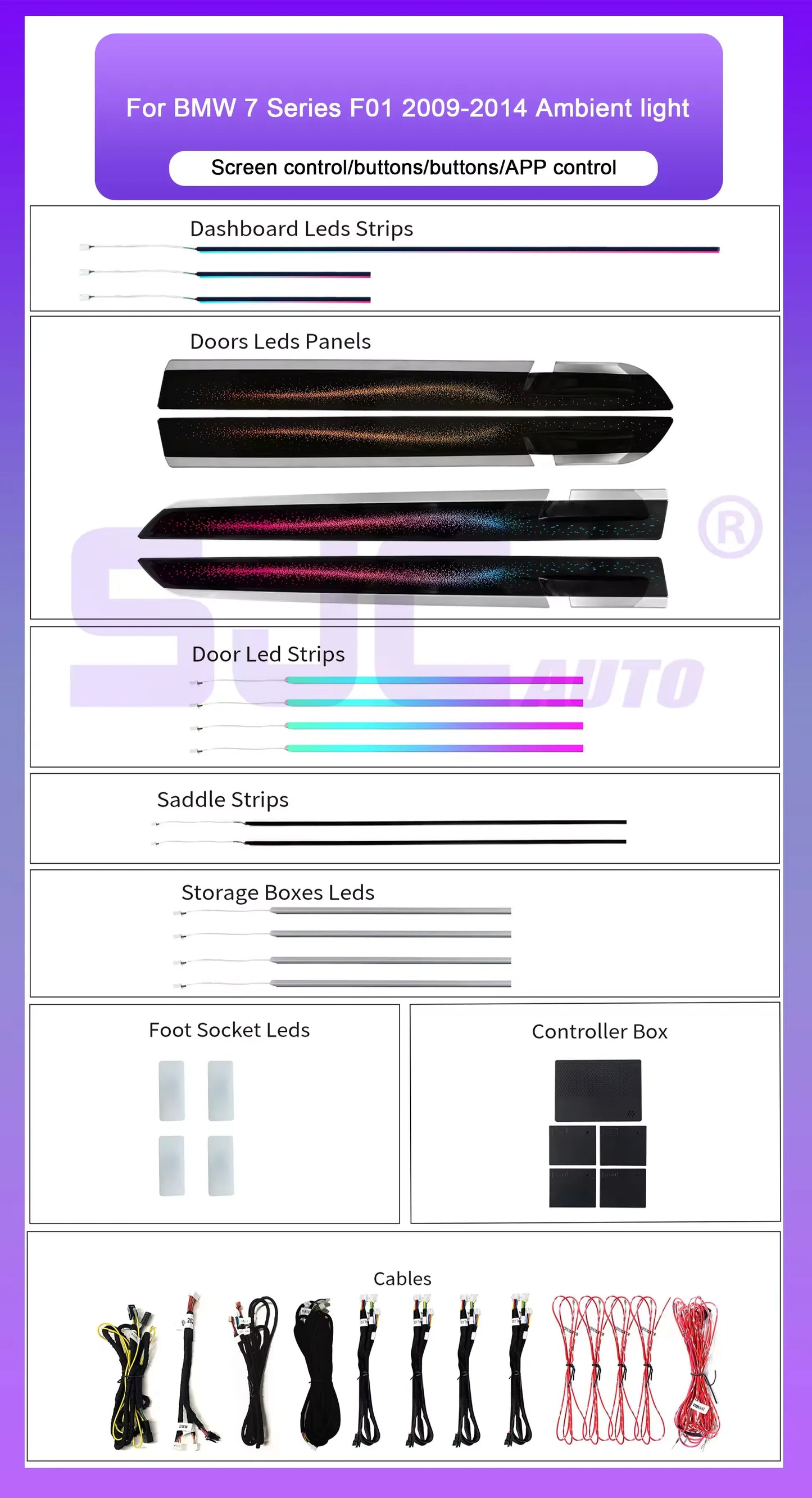 BMW 7 Series F01 Short Wheelbase Interior 64-Color Galaxy Style LED Ambient Light Kit 2009 - 2014