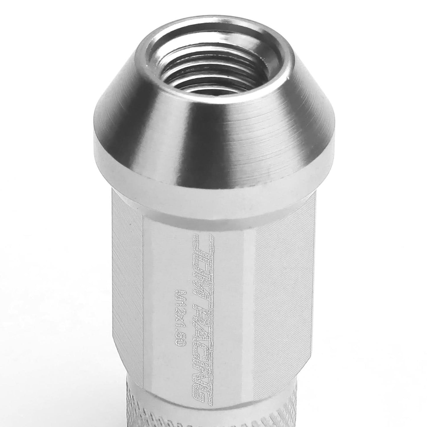 M12x1.5 Aluminum Lug Nuts - 50mm Extended Acorn Knurled - 20pc Silver