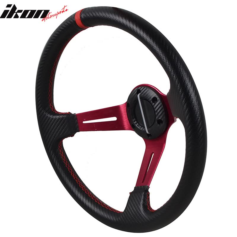 Universal 350MMÂ 6 Hole Deep Dish Steering Wheel Red Spoke Horn PVC
