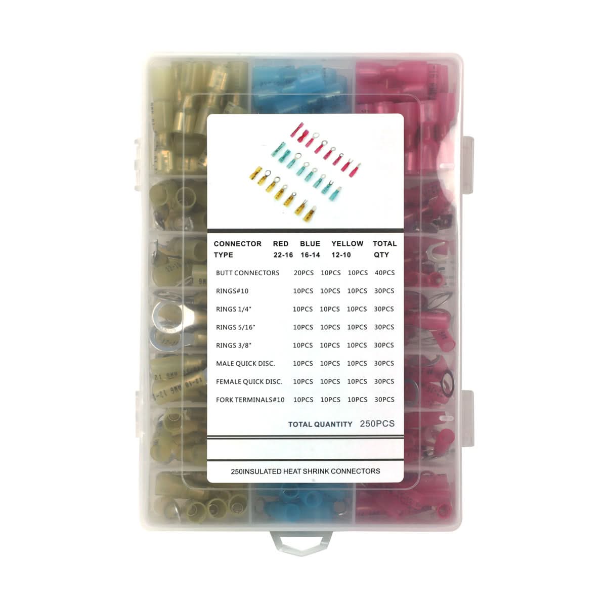 Wire Connector Assortment 250PCS Heat Shrink 22-16 14-16 10-12 AWG