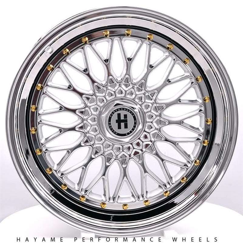 17x8.5 In Platinum Chrome Hayame Performance Wheel Rims Gold Accent