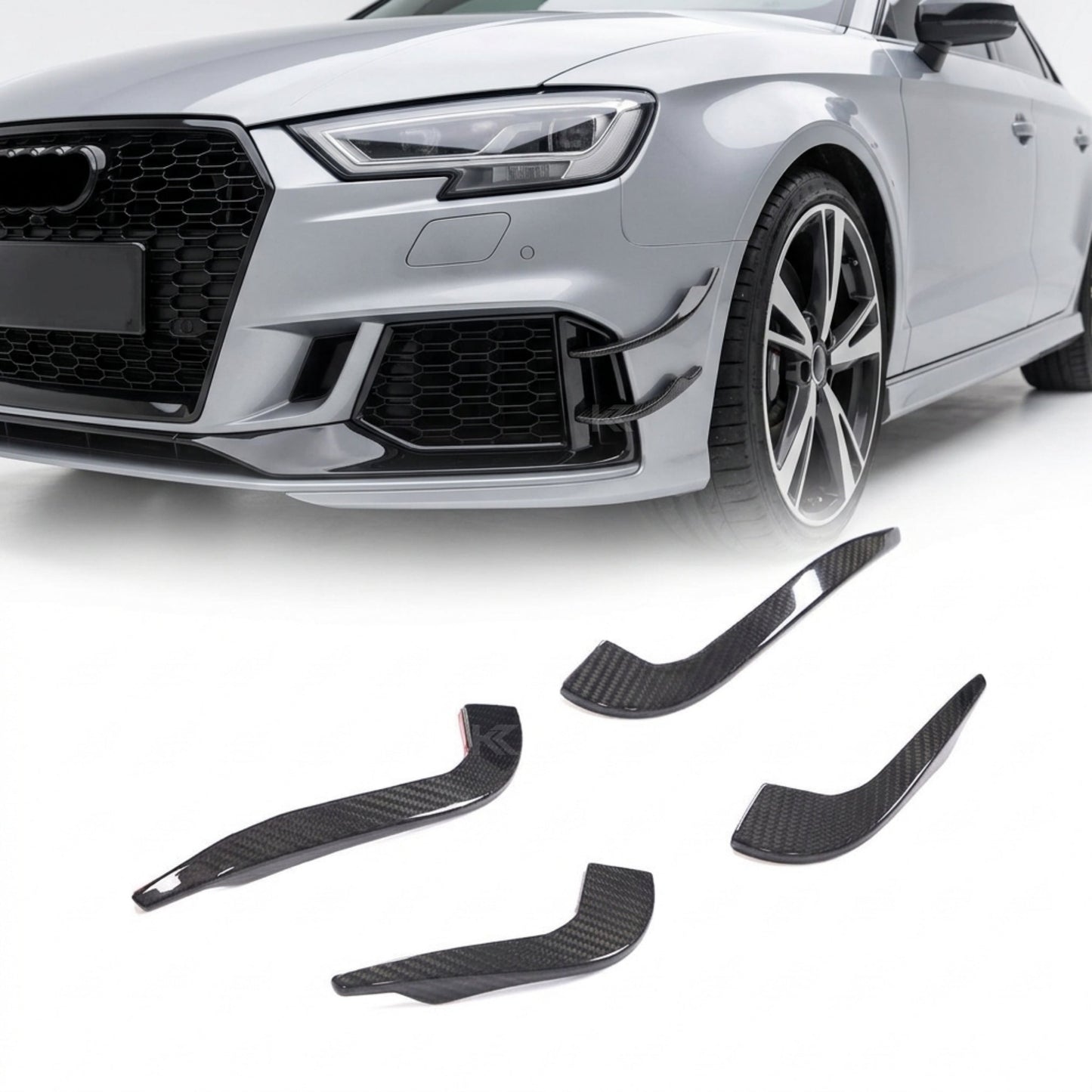 2017–2019 Audi RS3 8V Sedan Front Bumper Fins – Carbon Fiber