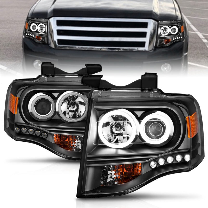 ANZO 2007-2014 Ford Expedition Projector Headlights w/ Halo Black