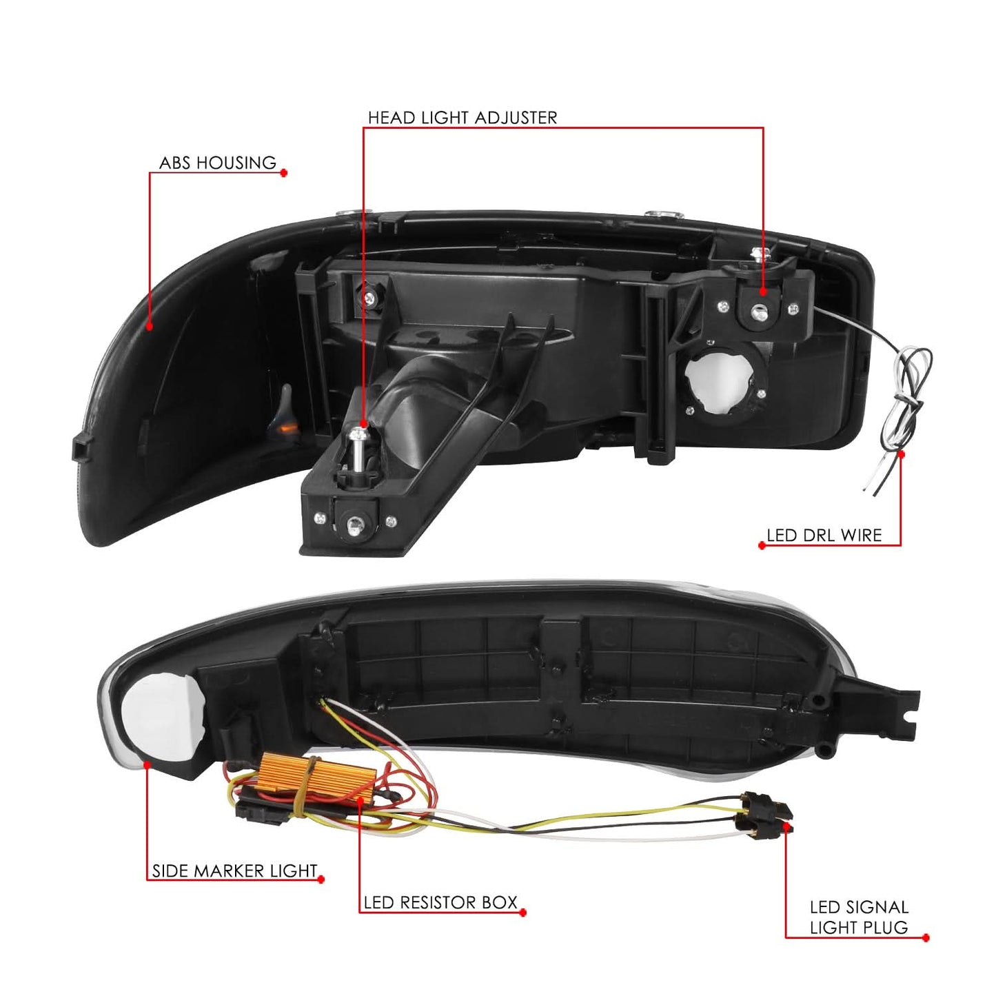 01-07 GMC Sierra / Yukon Denali LED DRL Headlights 4PC Black/Amber