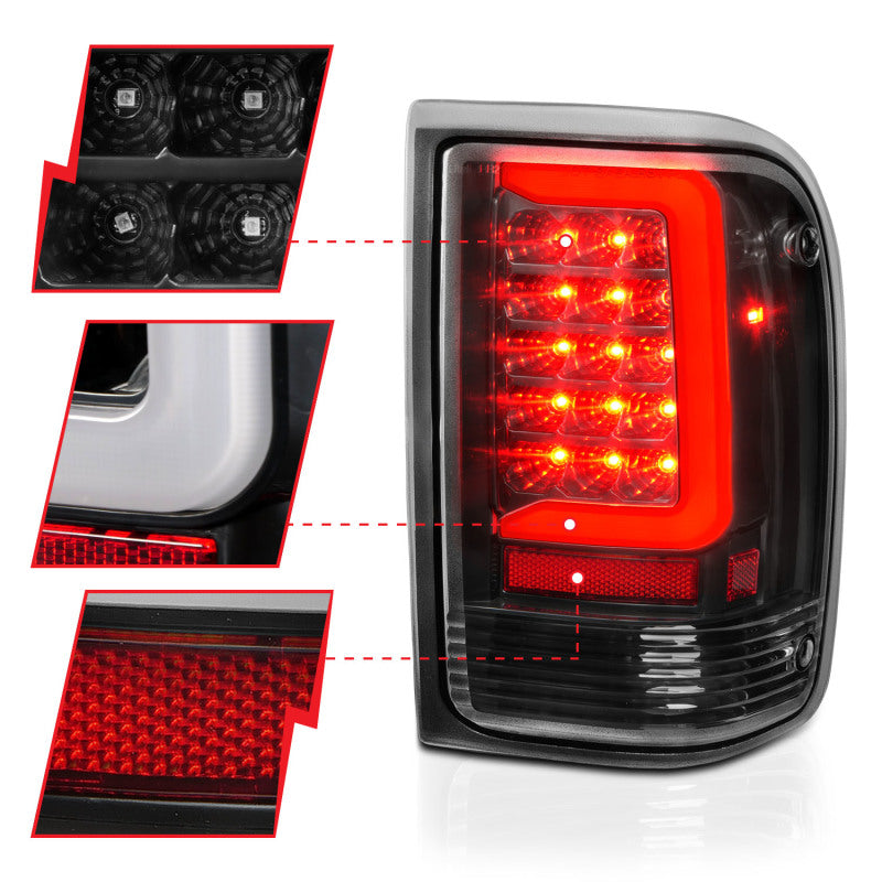 ANZO 1993-1997 Ford  Ranger LED Tail Lights w/ Light Bar Black Housing Clear Lens