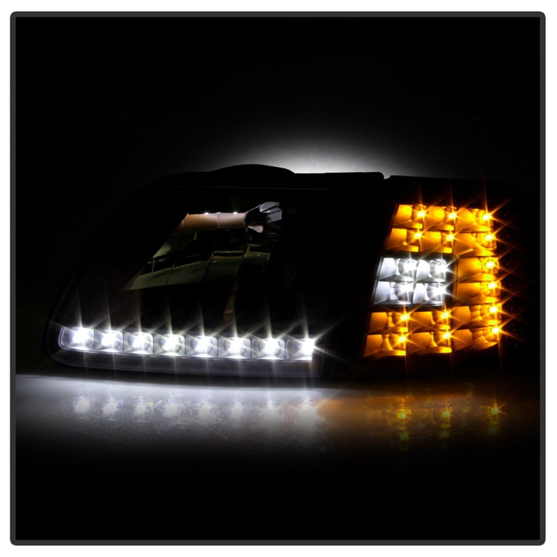 Xtune Ford F150 97-03 Crystal Headlights w/ Clear LED Corners Black HD-ON-FF15097-LED-SET-BK