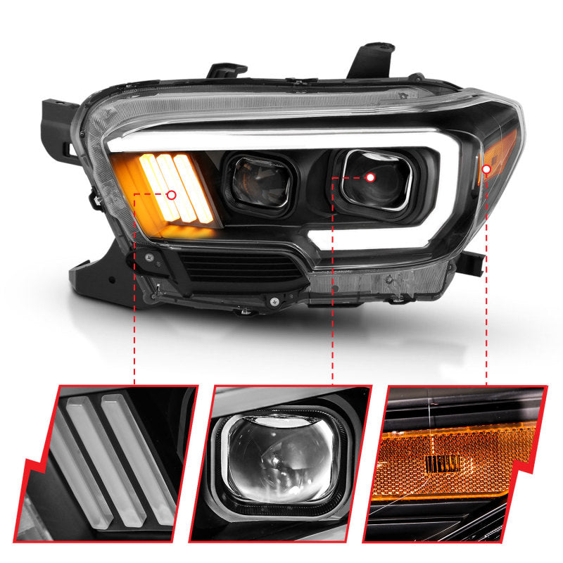 ANZO 2016-2017 Toyota Tacoma Projector Headlights w/ Plank Style Design Black/Amber w/ DRL