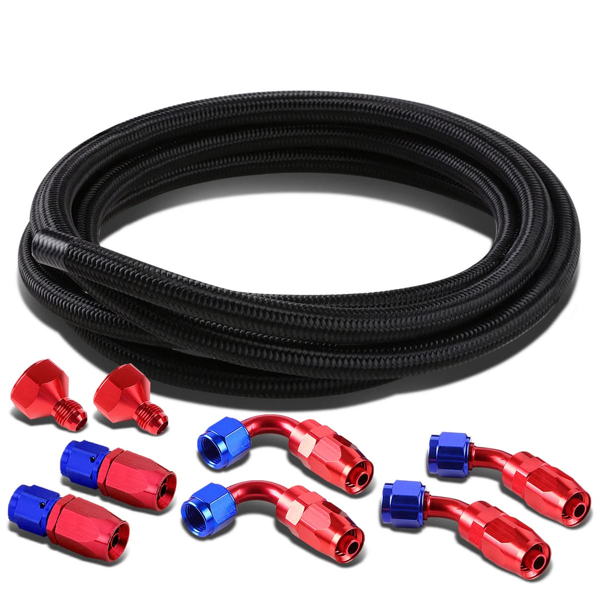 Universal Fuel Tank Fittings with Braided Stainless Steel Feed Return Line 10AN to AN6 - Black Nylon Stainless Steel