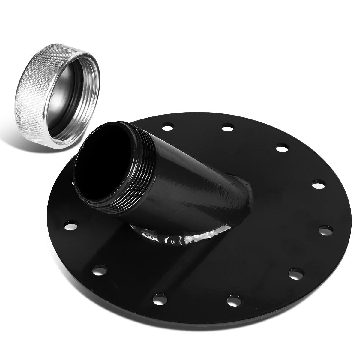 Steel Fuel Cell Filler Neck with Aluminum Cap - 45 Degree Angle Black