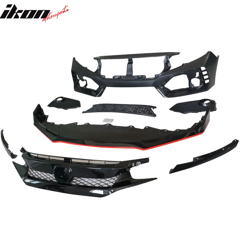 2016-2021 Honda Civic Front Bumper + Grille + Lip Gloss Black Type-R