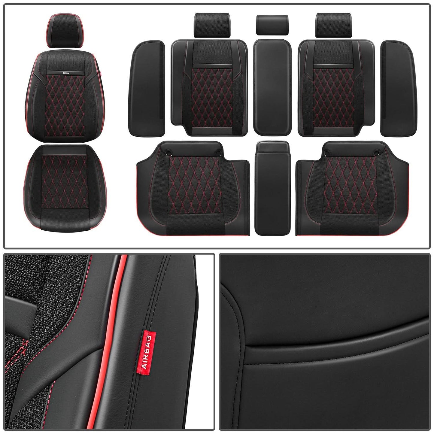 Diamond Stitch Mesh Fabric Seat Covers - Full Set 4PCS Black Red