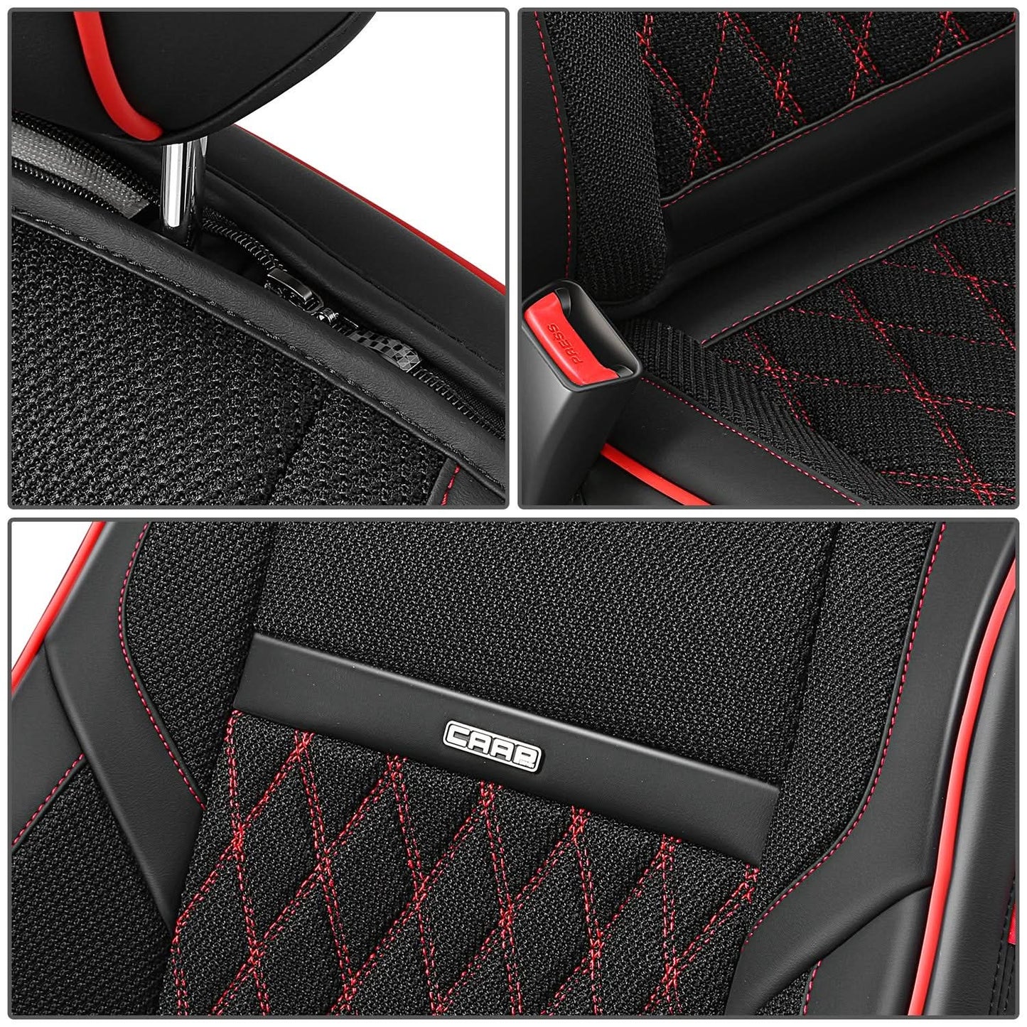 Diamond Stitch Mesh Fabric Seat Covers - Full Set 4PCS Black Red