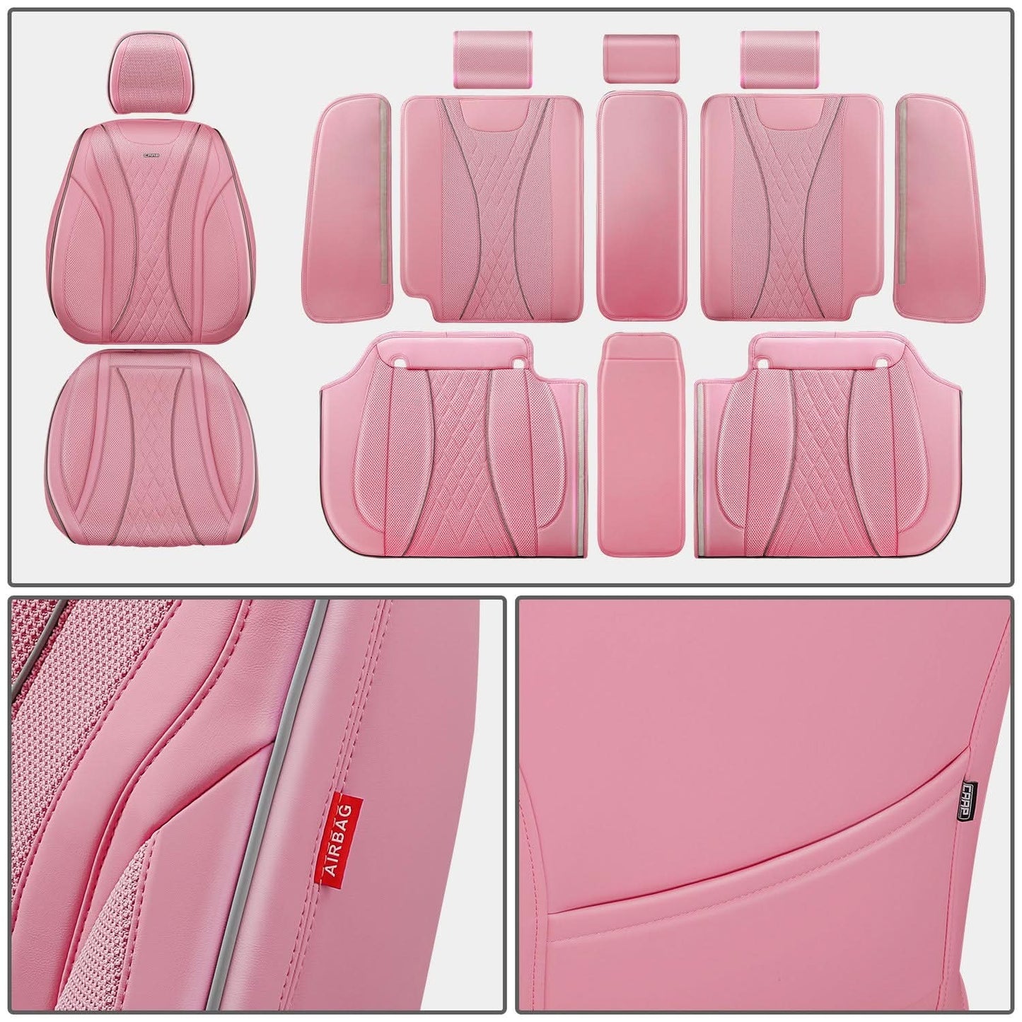 Diamond Stitch Mesh Fabric Leatherette Seat Covers Full Set - Pink