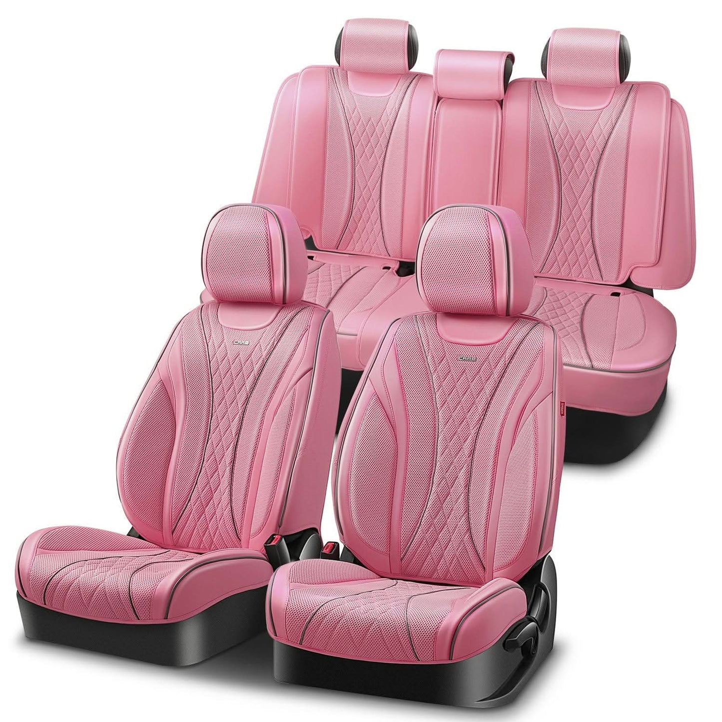 Diamond Stitch Mesh Fabric Leatherette Seat Covers Full Set - Pink