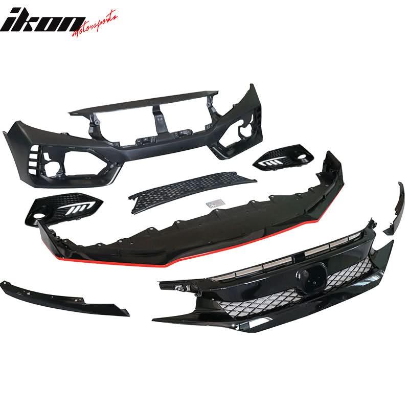 Fits 16-18 Honda Civic TR Front Bumper + Grille + Lip + Foglight Cover