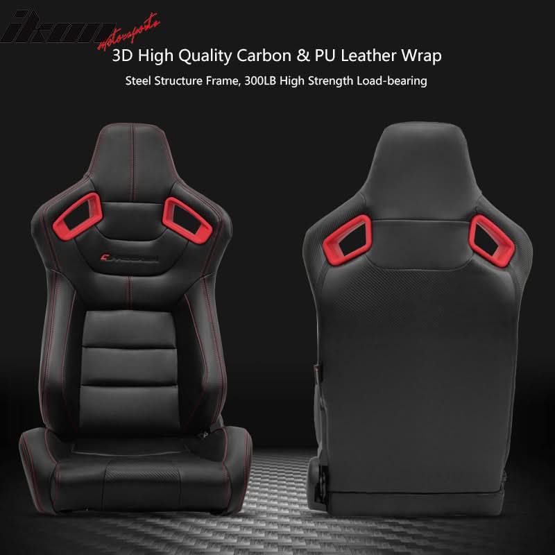 Universal Red Bezel Racing Seat Dual Slider Cam-lock Belt PU Carbon