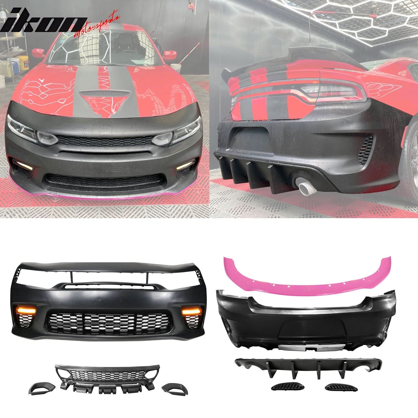 2015-2023 Dodge Charger Widebody SRT Rear Front Bumper Pink Lip PP LED