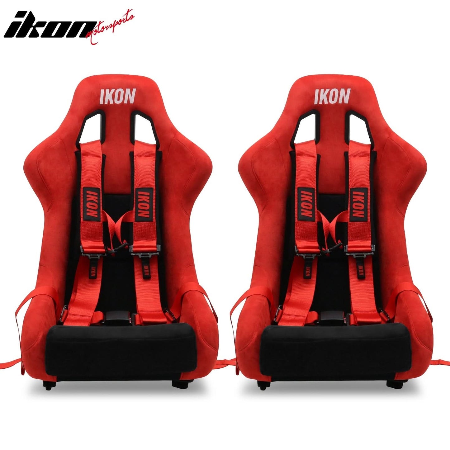 Universal Adjustable Racing Bucket Seats W/4 Point 3" Belt Harness Red