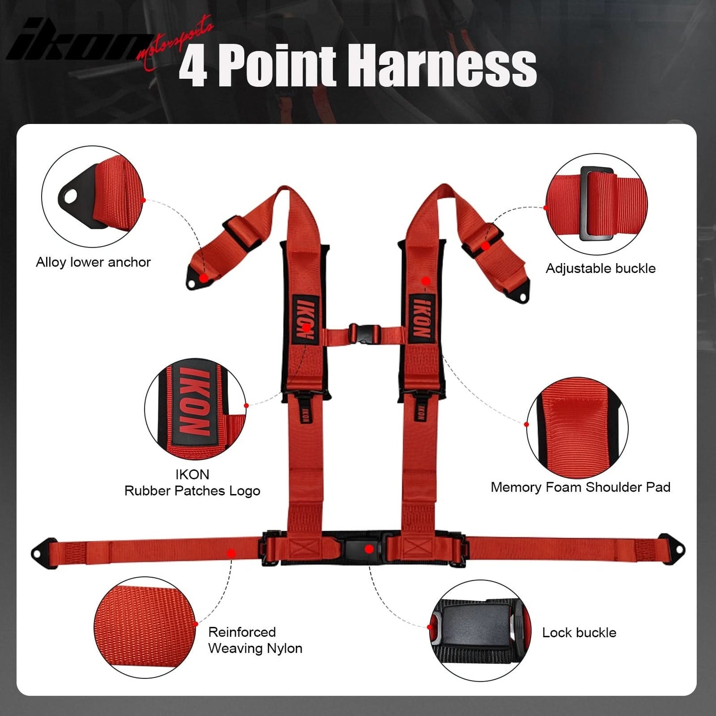 Universal 3" Wide 4 Point Buckle Racing Seat Belt Harness Nylon Red