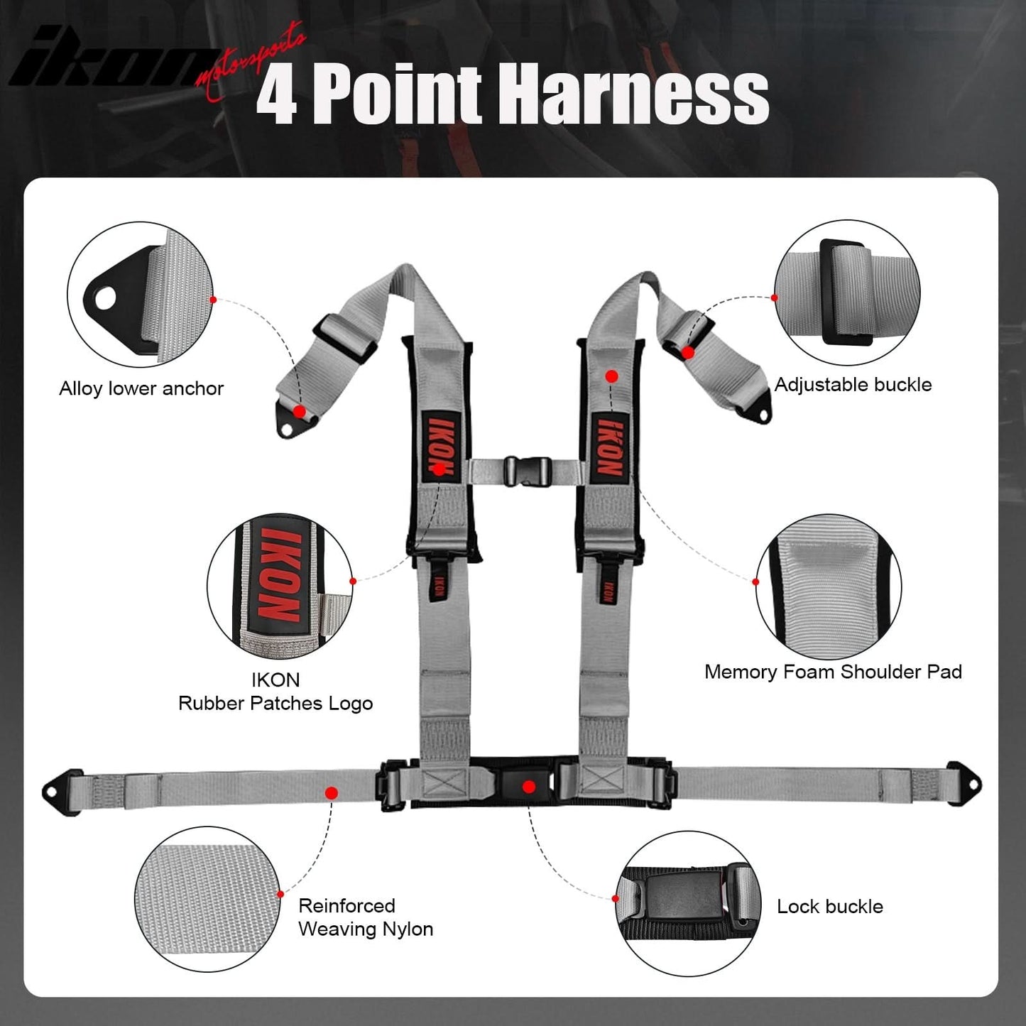Universal Racing Seat Belt Harness 3" 4 Point Strap Buckle Nylon Grey