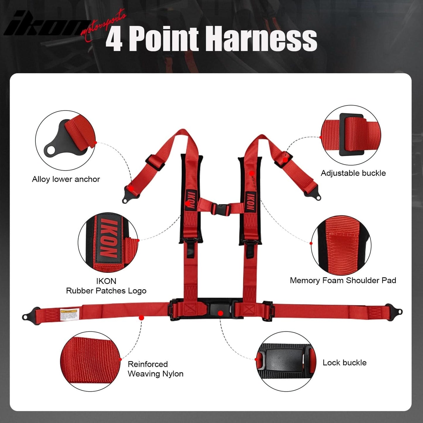Universal 2" Wide 4 Point Buckle Racing Seat Belt Harness Nylon Red