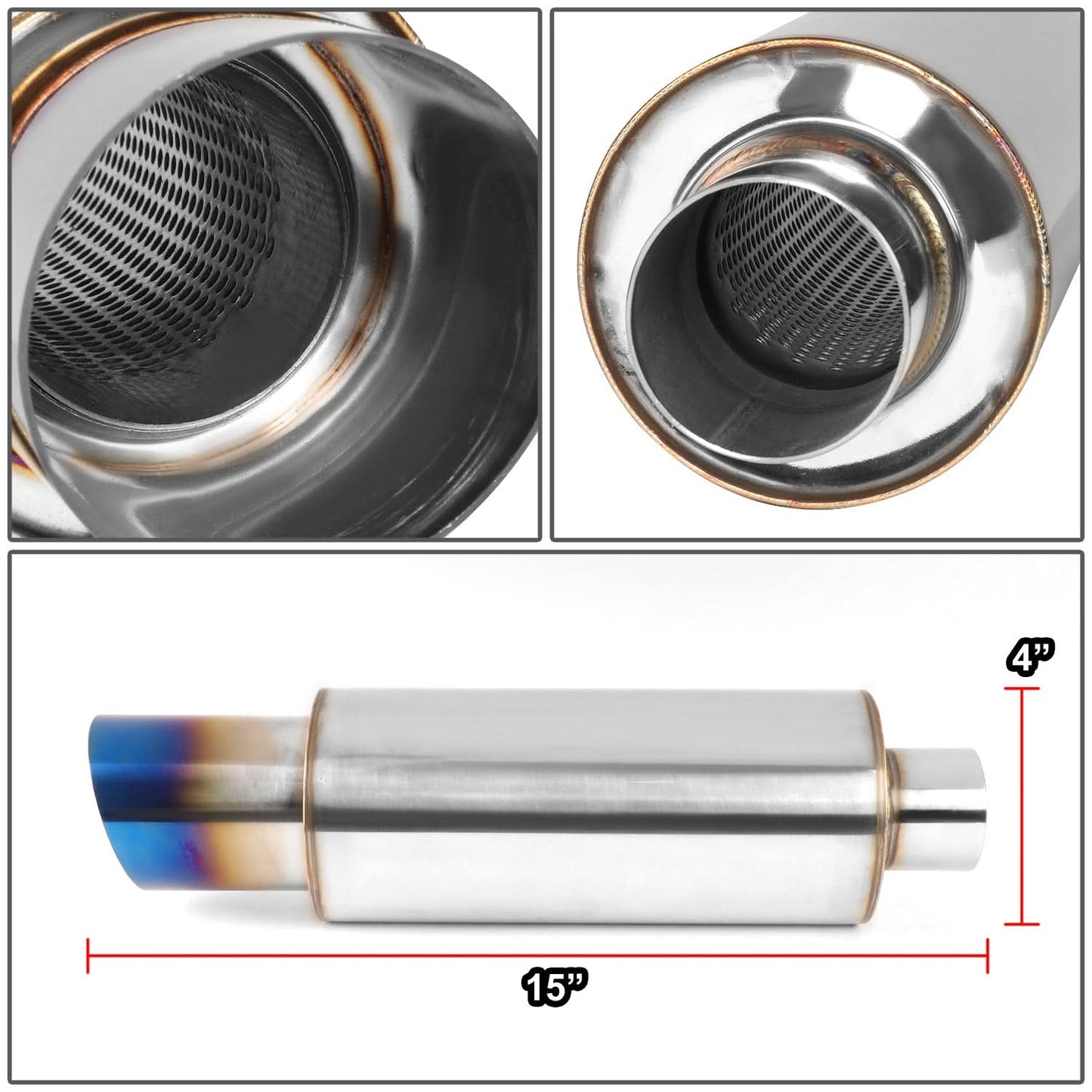 Universal 3.0" Tip 2.0" Inlet Performance Muffler 14.7" Total Length