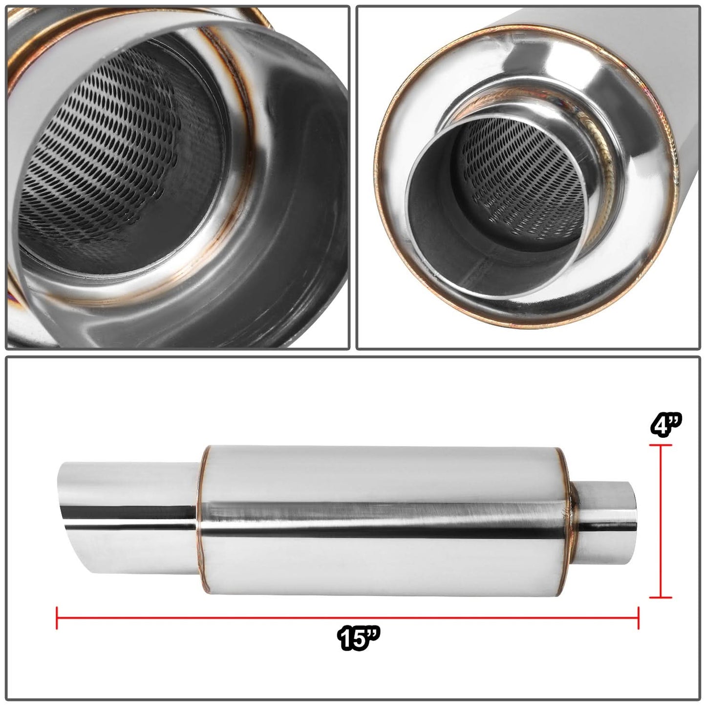 3.0" Tip 2.25" Inlet Straight Cut Polished Muffler 14.7" Total Length