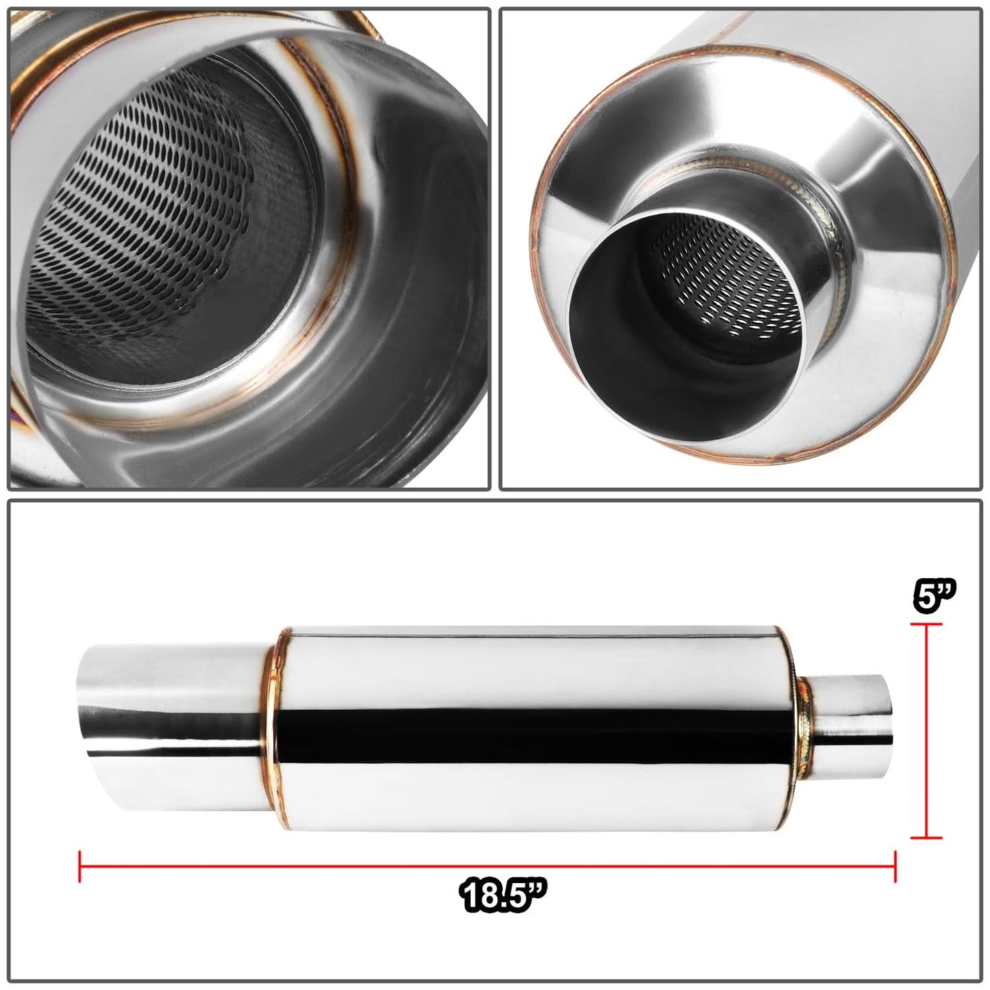 4.0" Tip Stainless Steel Muffler 2.5" Inlet 18.5" Overall Length