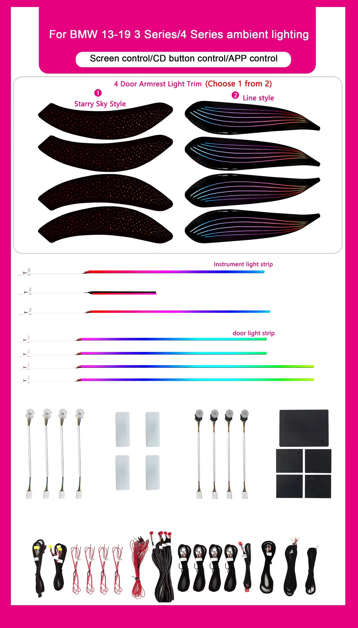 BMW 3 Series F30 / F31 / F34 / F35 / F36 Interior 64-Color LED Ambient Light Kit 2013 - 2019