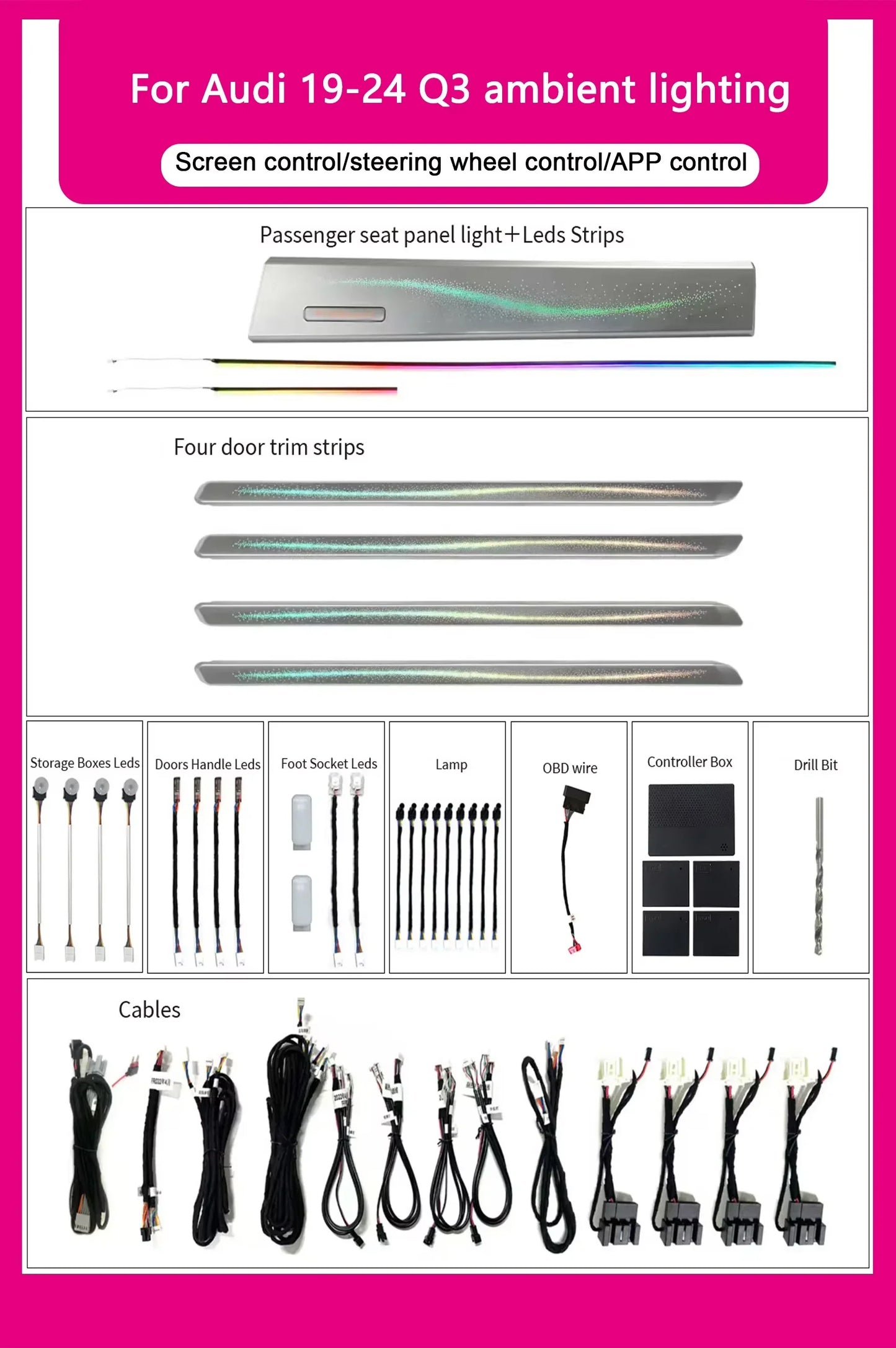 Audi Q3 Interior 64-Color Symphony Rainbow Dynamic LED Ambient Light Kit 2019 - 2025
