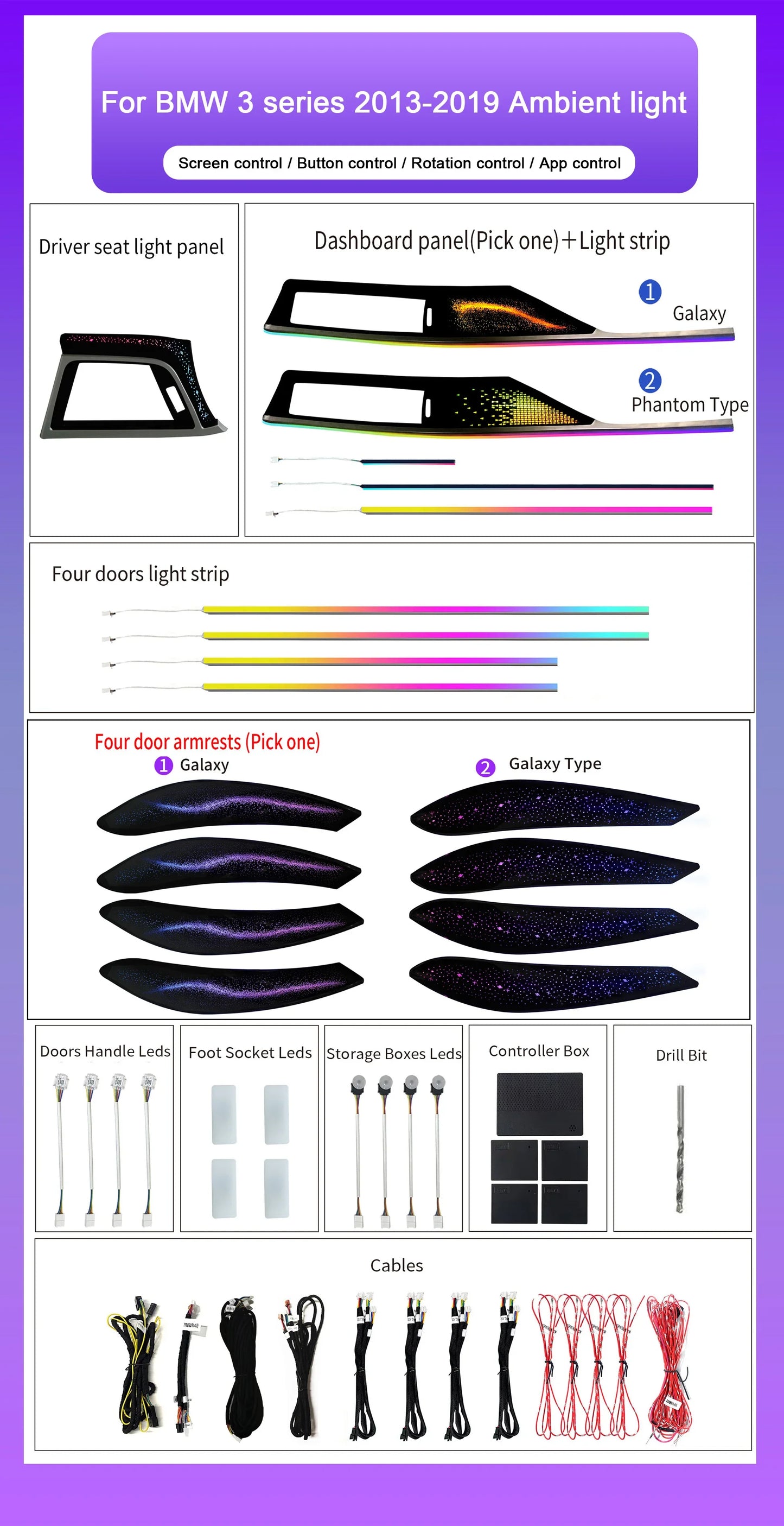 BMW 3 Series F30 RHD Interior 64-Color Dynamic Symphony LED Ambient Light Kit with Armrest Trim 2013 - 2019