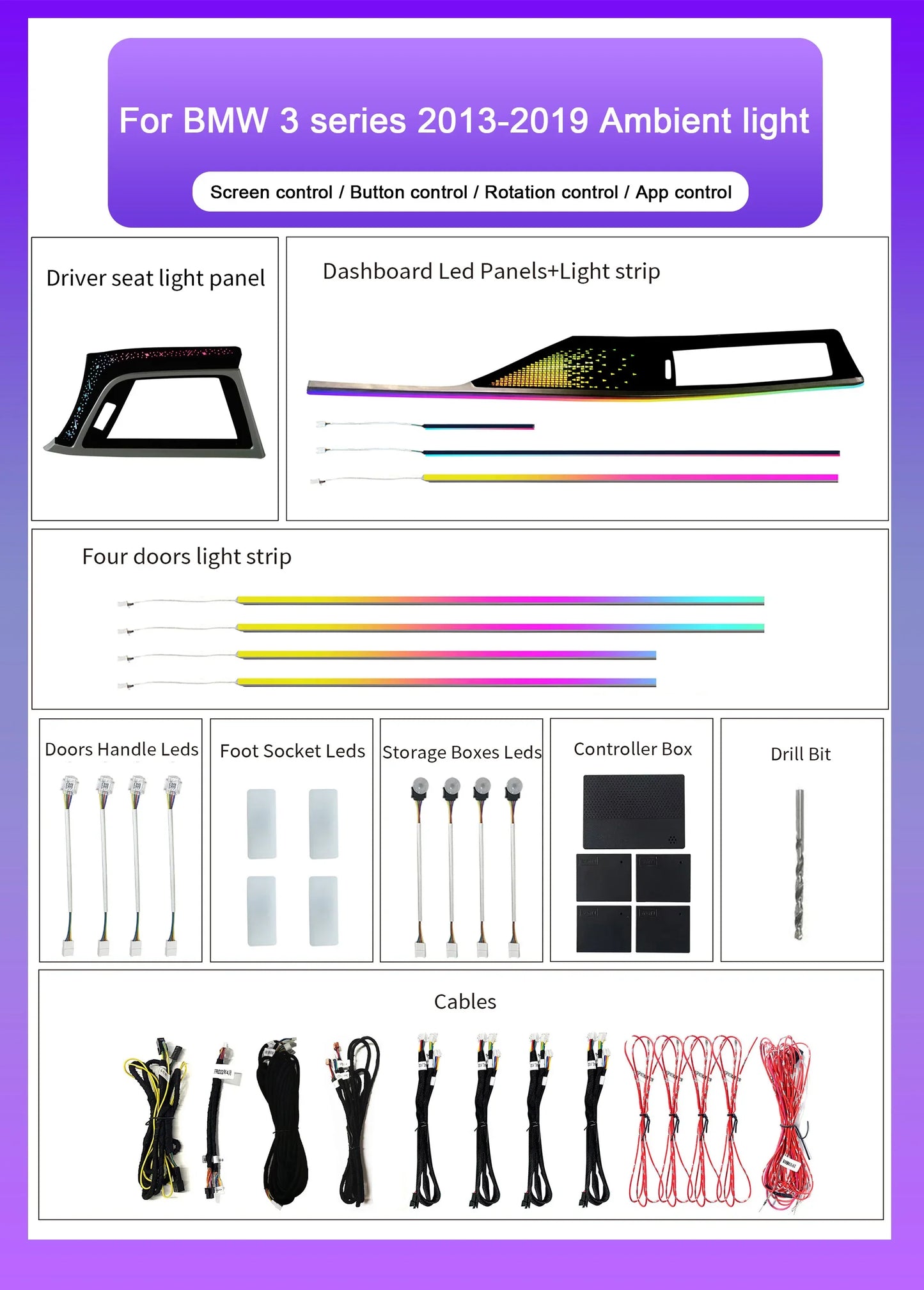 BMW 3 Series F30 / F34 / F35 LHD & RHD Interior 64-Color Symphony Starry Sky LED Ambient Light Kit 2013 - 2019
