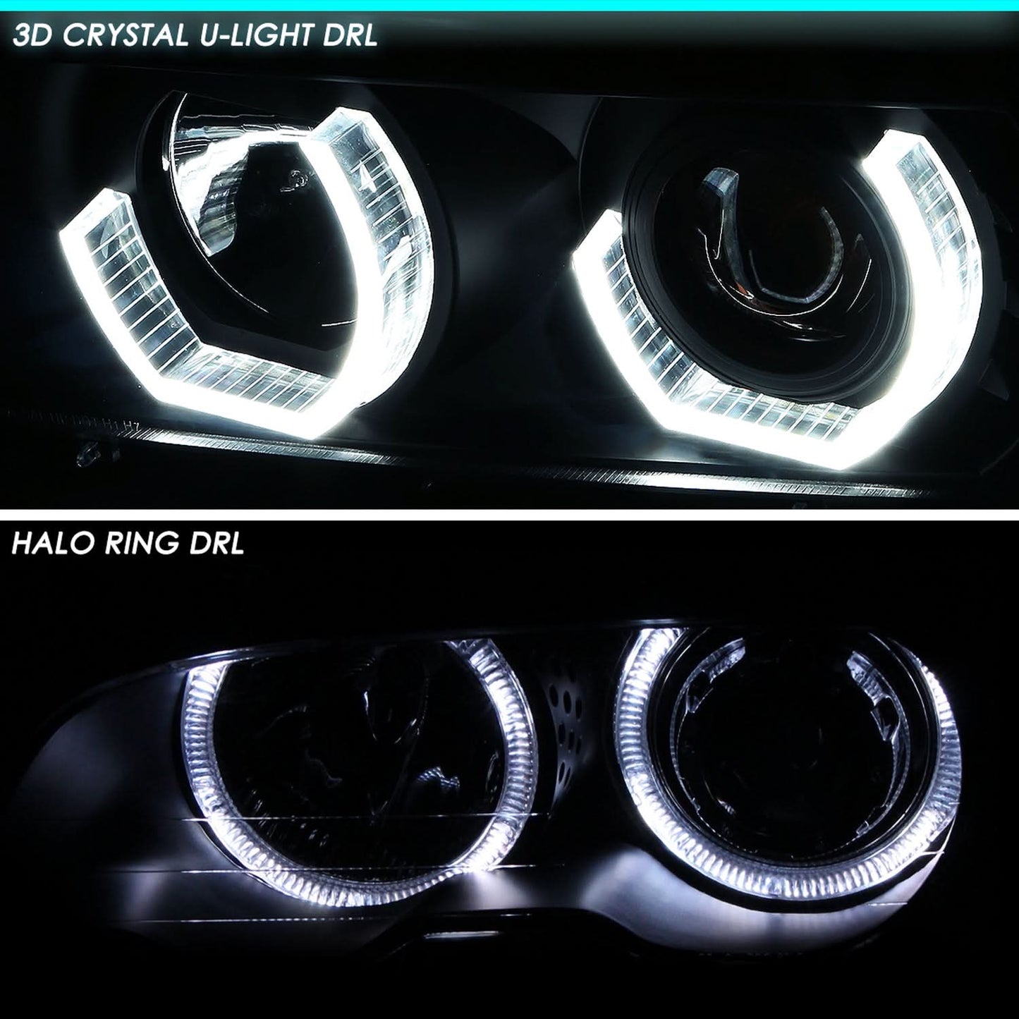 96-03 BMW 5 Series 3D Crystal Halo Projector LED Headlights Black