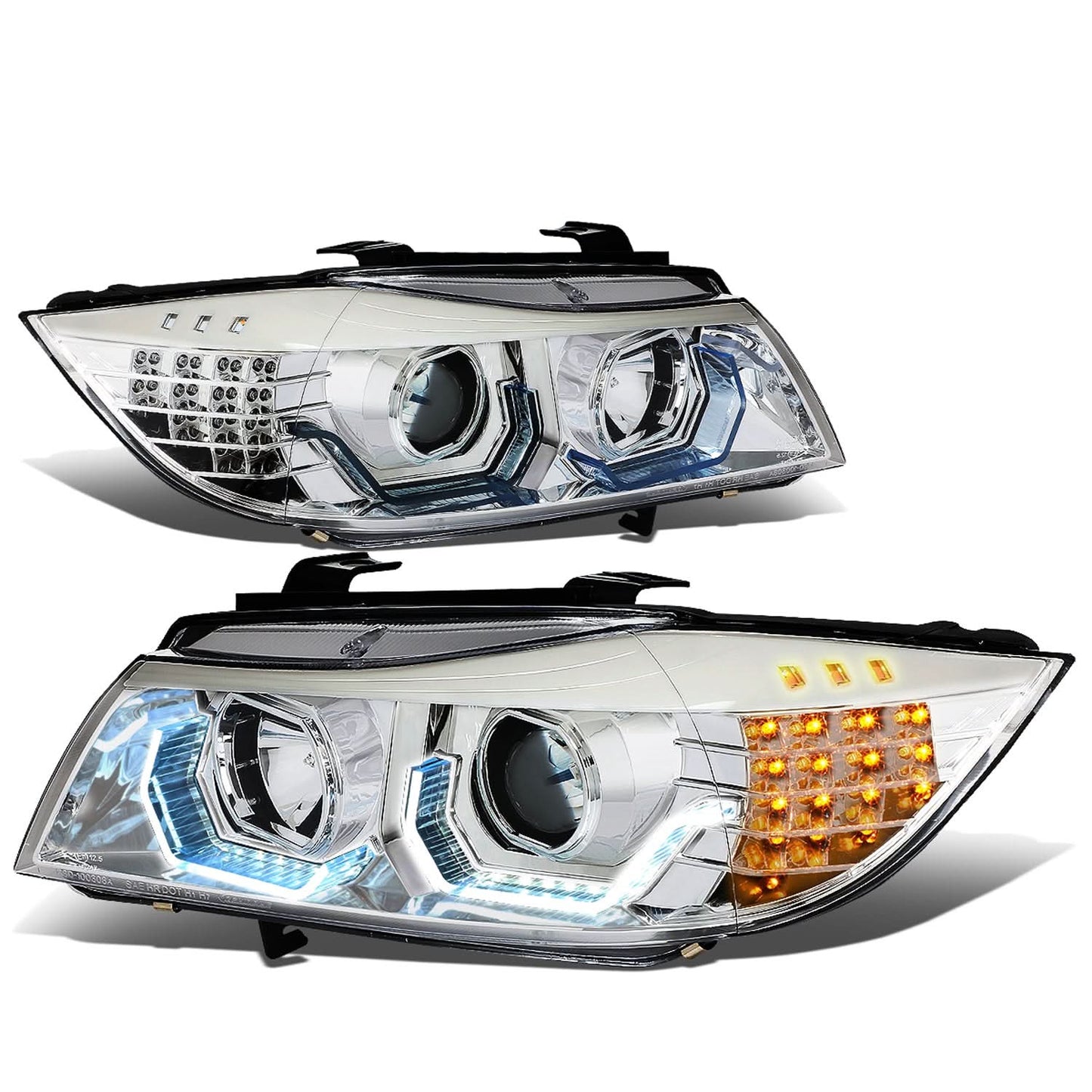 06-12 BMW 3-Series E90 3D Crystal Halo Projector LED Headlights Chrome