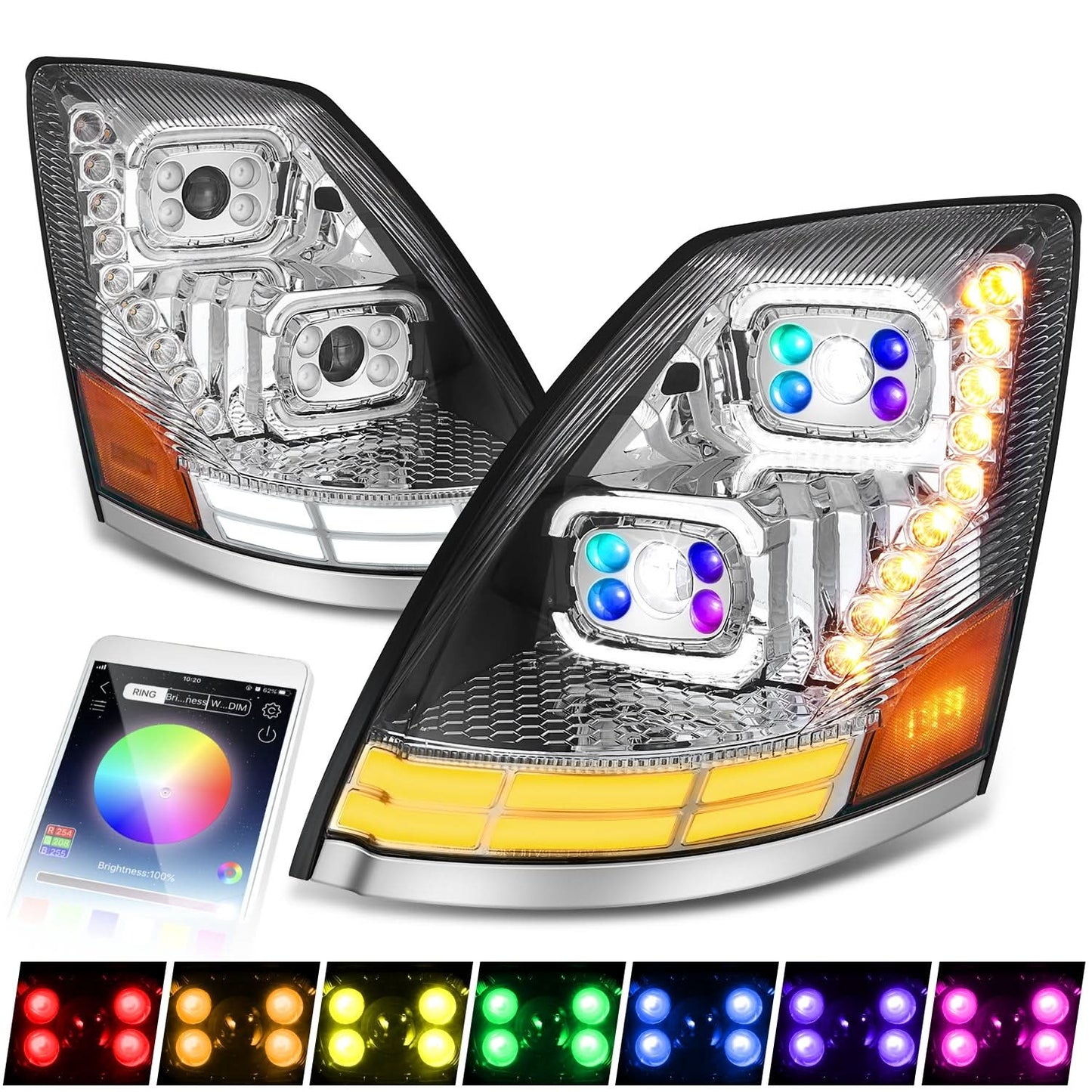 2004-2018 Volvo VN VNL Full LED RGB DRL Sequential Turn Signal Headlights