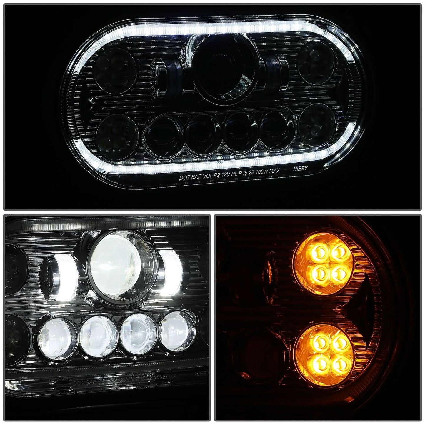 1967-1987 Peterbilt 359 LED Halo Ring Dual Projector Headlights Chrome