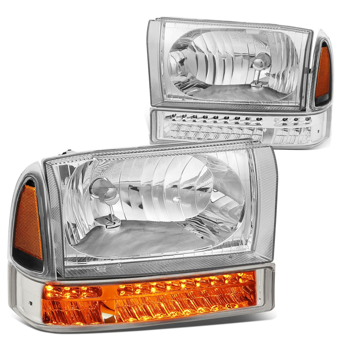 99-04 Ford F-250/F-350 LED DRL Headlights Chrome Housing Amber Corner