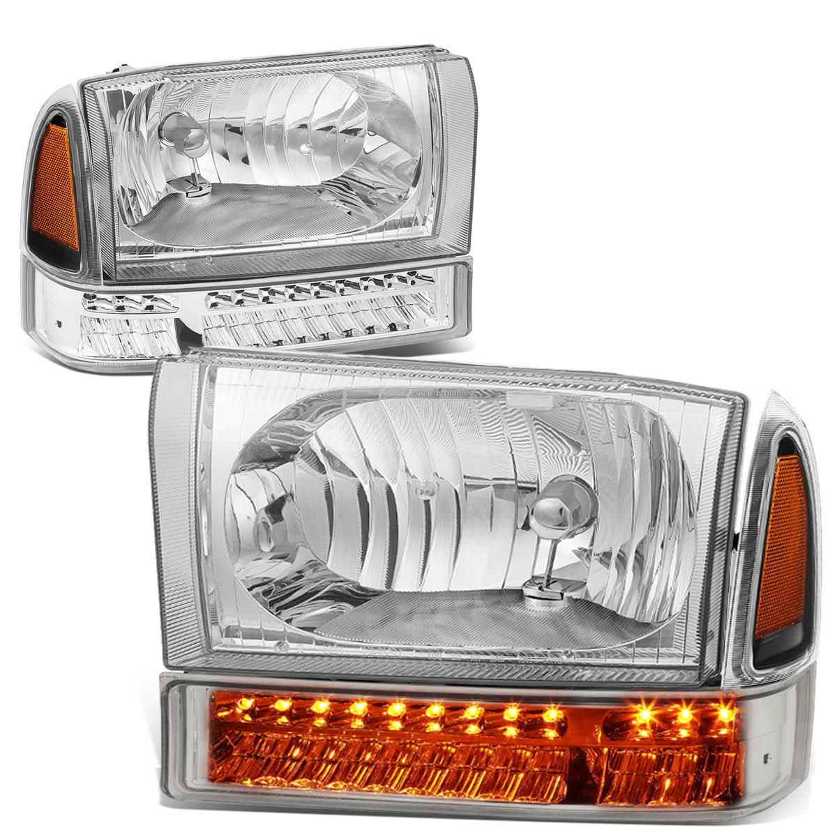 99-04 Ford F-250/F-350 LED DRL Headlights Chrome Housing Amber Corner