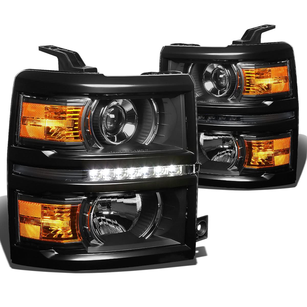 14-16 Chevy Silverado LED Projector Headlights Black Housing Amber