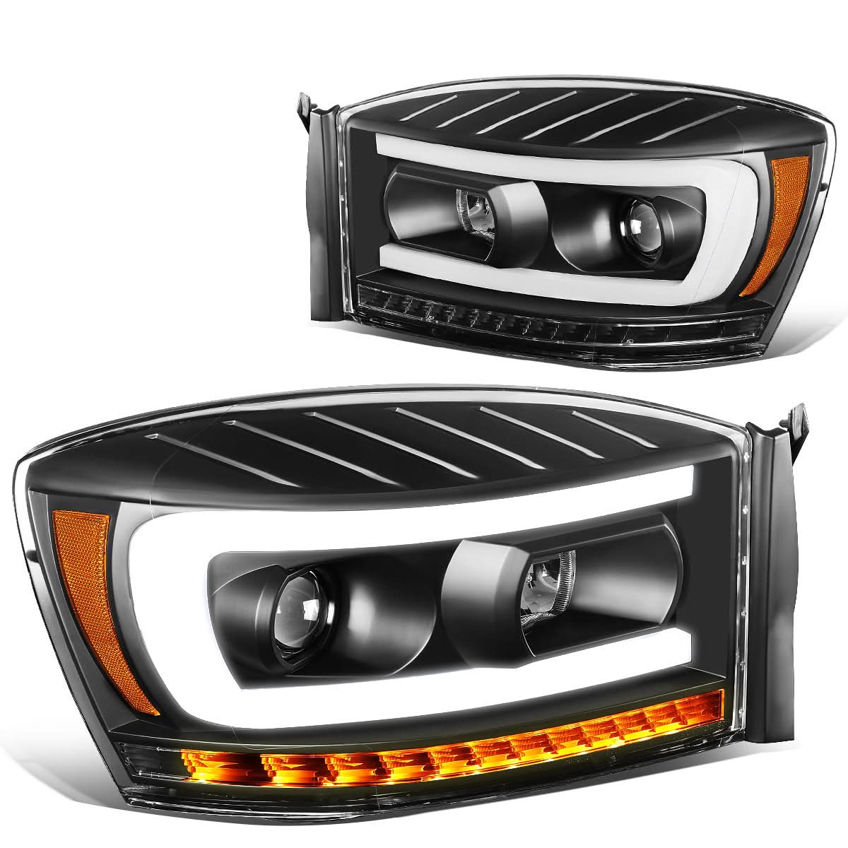 06-09 Dodge Ram LED DRL Projector Headlights Black/Amber