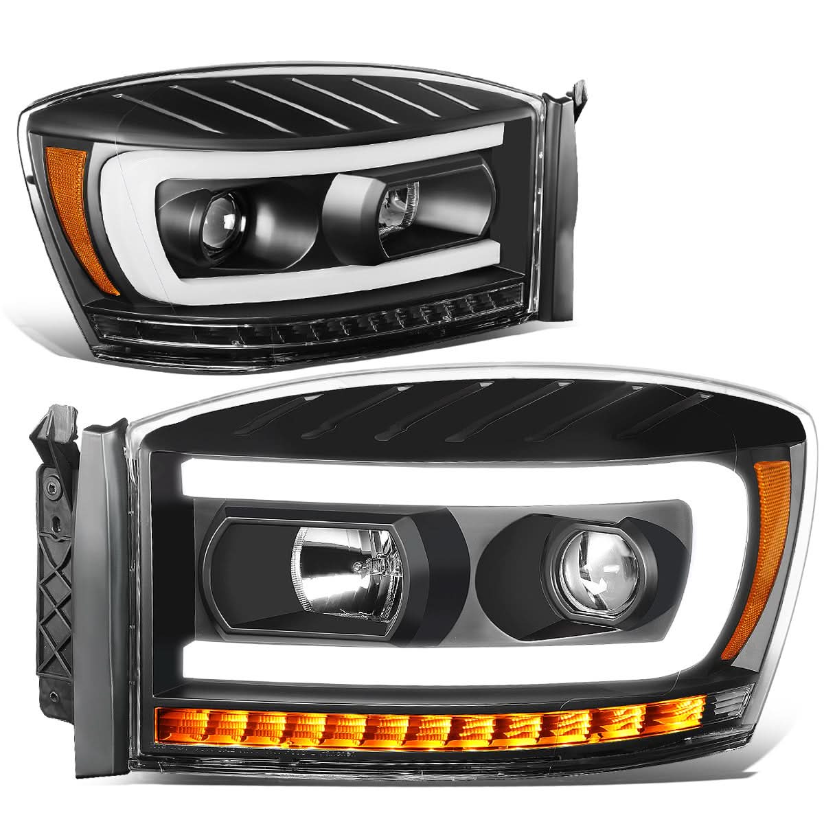 06-09 Dodge Ram LED DRL Projector Headlights Black/Amber