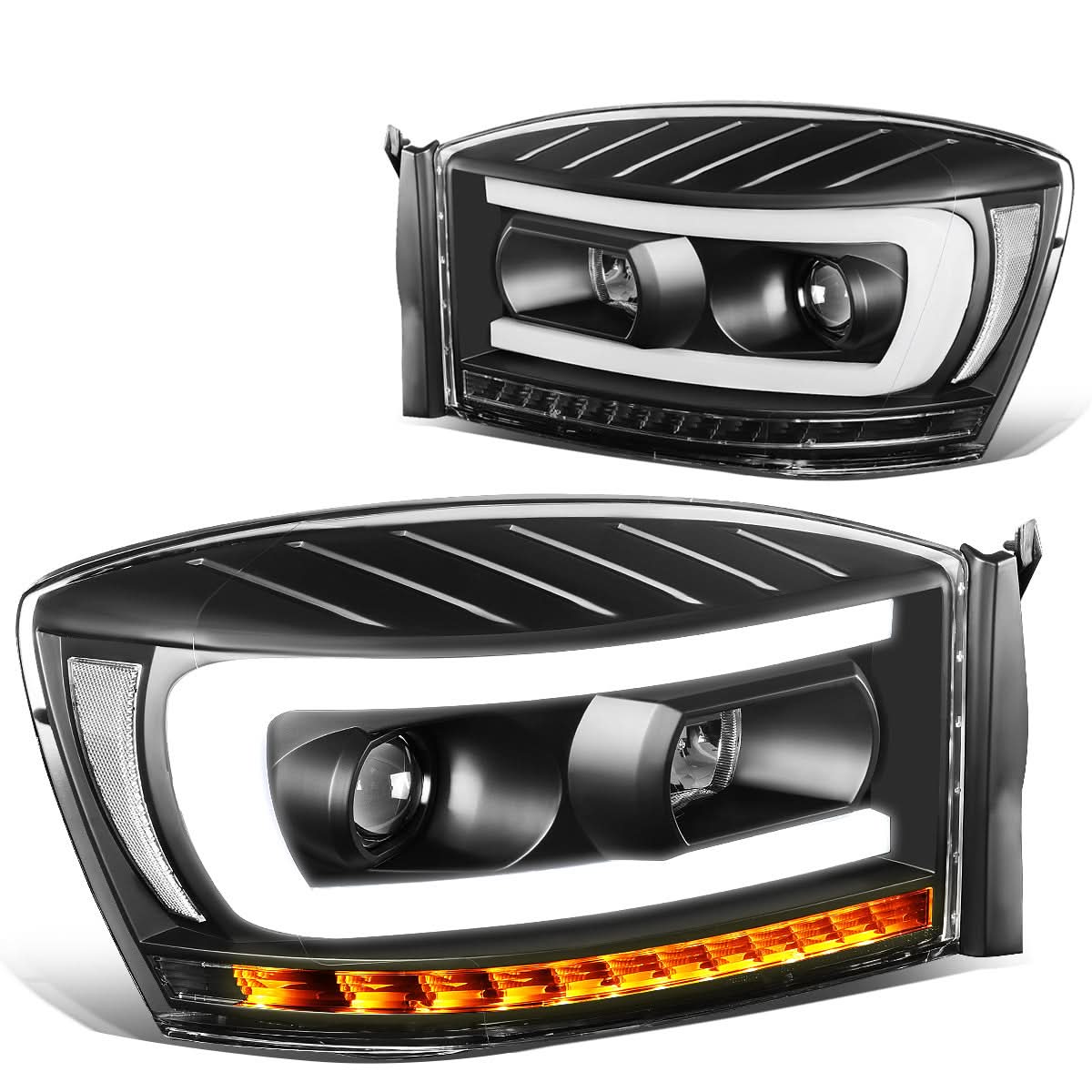 06-09 Dodge Ram LED DRL Projector Headlights Black Housing Clear Corner