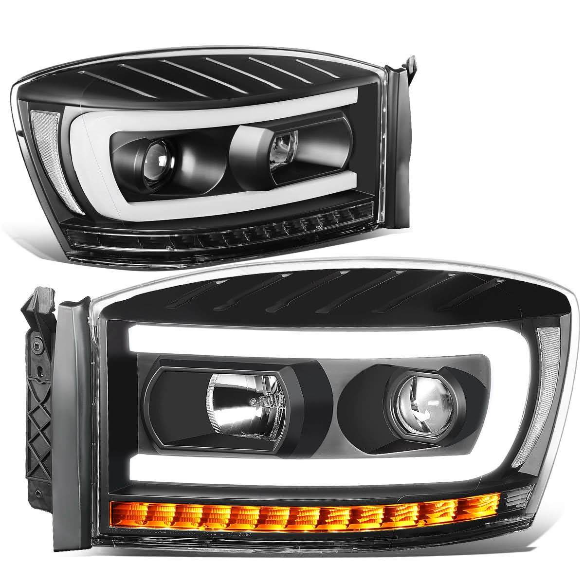 06-09 Dodge Ram LED DRL Projector Headlights Black Housing Clear Corner