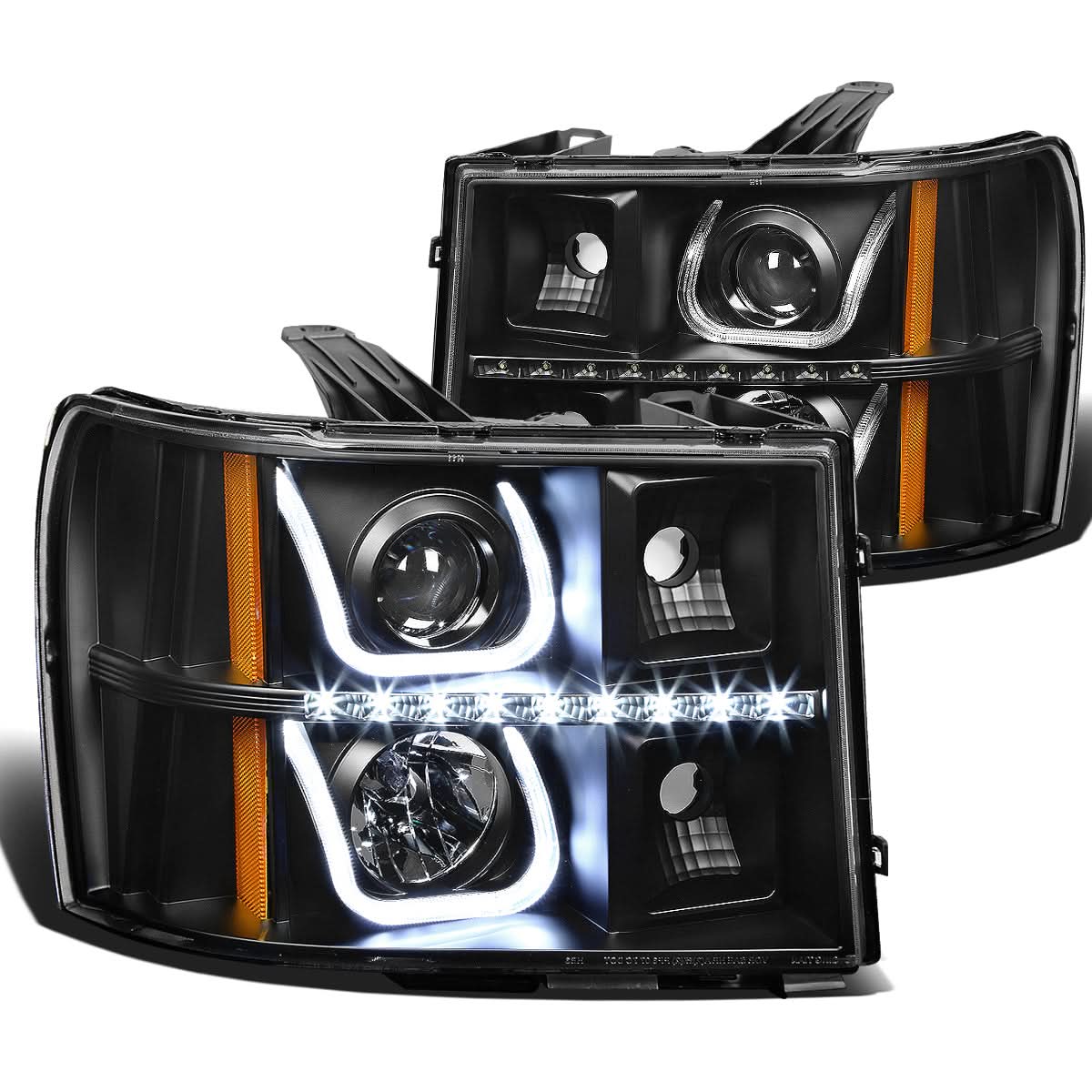 07-13 GMC Sierra LED U-Bar Halo Projector Headlights Black Housing